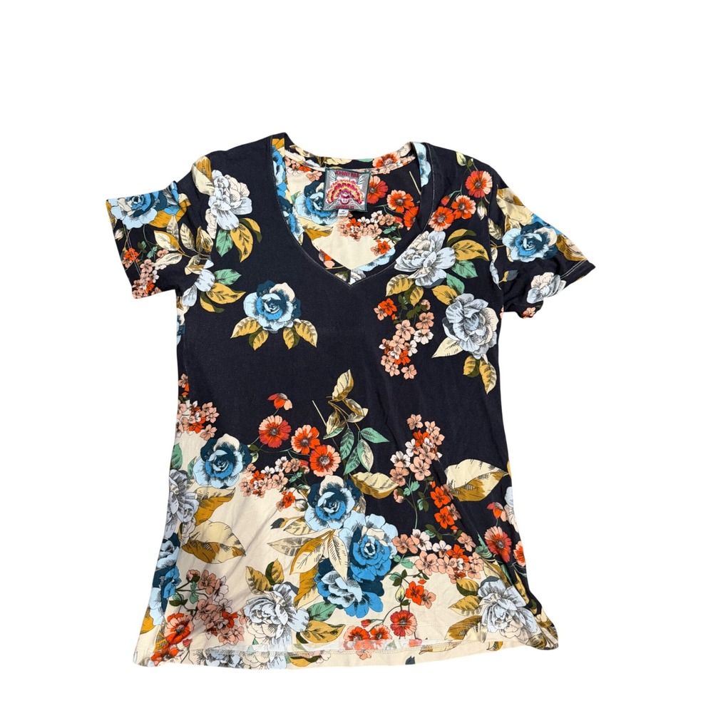 Johnny Was Women Black Floral Bamboo Spandex V-Neck Short Sleeve Tee XS